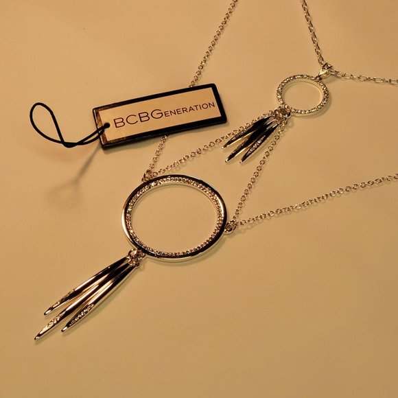 BCBGeneration Layered Circle Silver Necklace w/ rhinestones, Lobster claw clasp - Picture 8 of 9